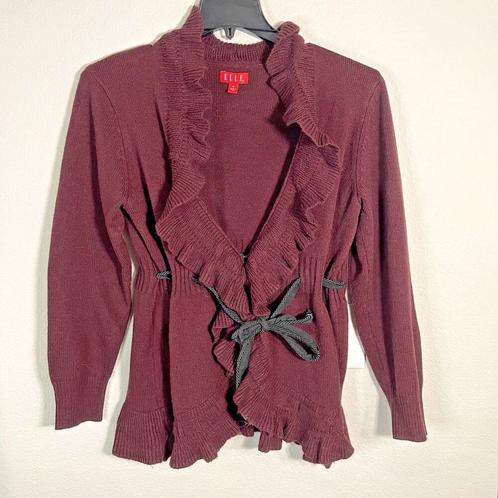 ELLE WOMENS SWEATER Dark MAROON RED SIZE XL Black ROPE TIE FRONT KNIT HOLIDAY